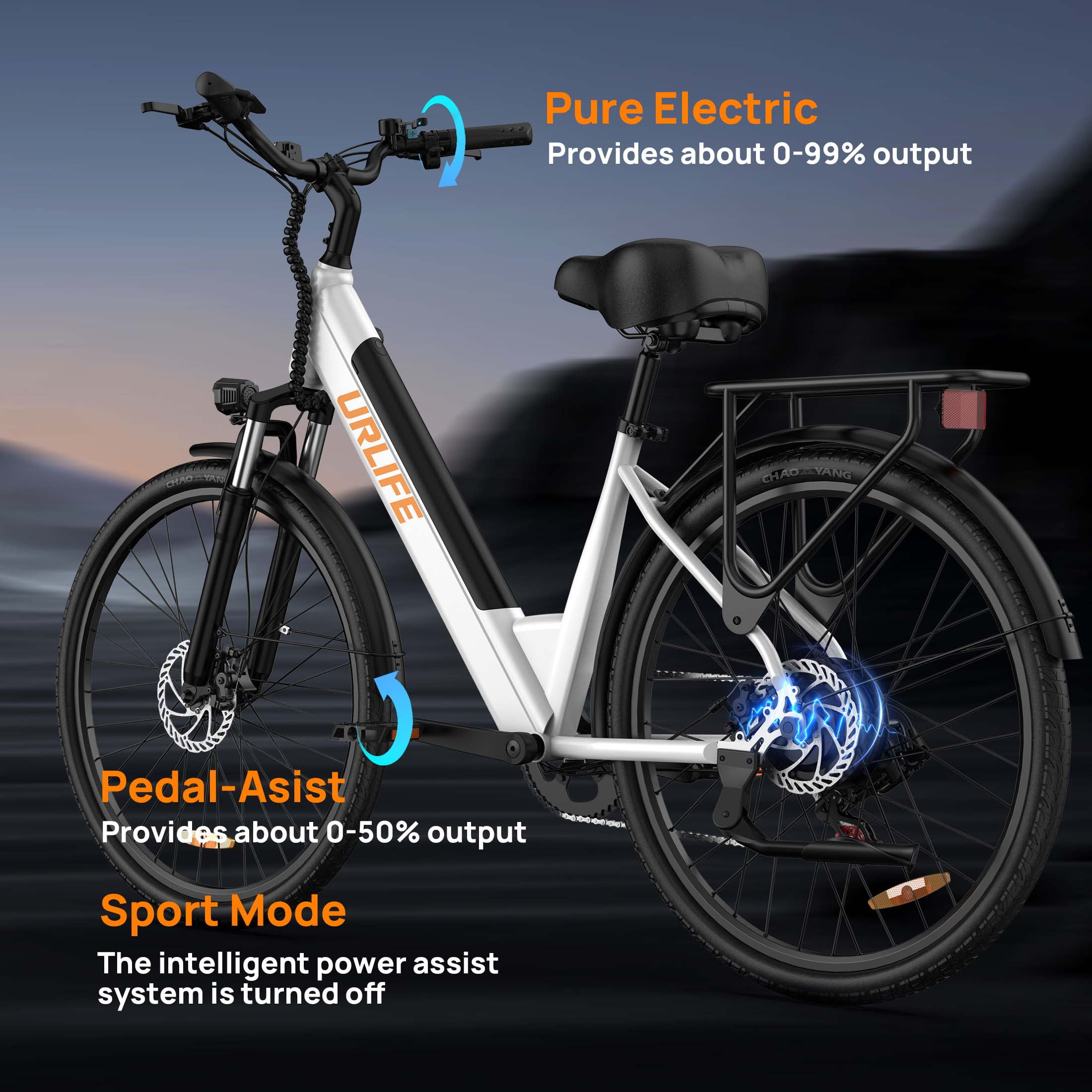 URLIFE 26" Electric Bike for Adults,750W Peak Motor,48V 10.4Ah Removable Battery, 60 Miles Range, 7-Speed City Commuter Ebike,UL2849-White