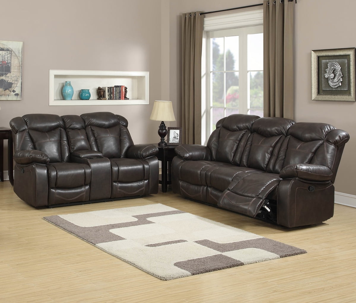 Hannah 2 Pc Dark Walnut Air Leather Living Room Reclining Sofa Set With Gliding Loveseat And Center Console