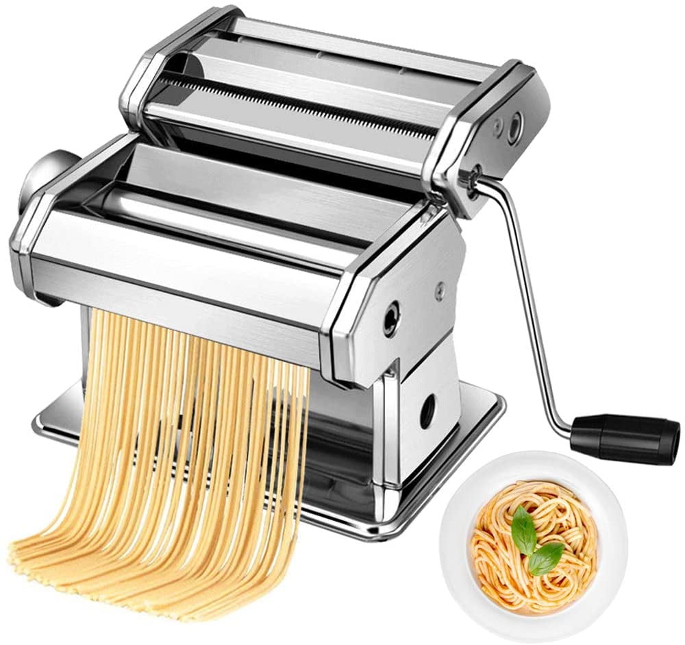 Pasta Machine and Hand Crank Perfect for Homemade Spaghetti Lasagna or Dumpling Skins 2 Size Stainless Cutter Clamp 150 Roller Manual Noodles Makers with 7 Adjustable Thickness Setting 