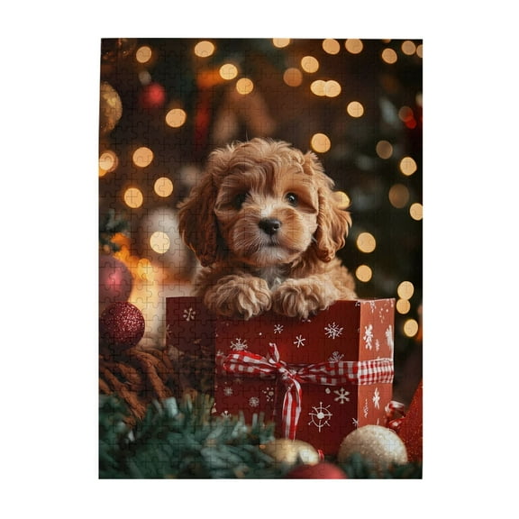 500-Piece Wooden Jigsaw Puzzle for Adults & Families - Puppy Christmas Gift Box Lights , Fun & Educational Brain-Teasing Game, Artistic Home Decor