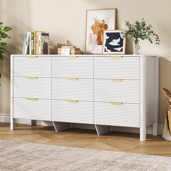60.2" White Wave Fluted 9 Drawer Dresser for Bedroom, Modern Chest of Drawer with Gold Handles for Living Room