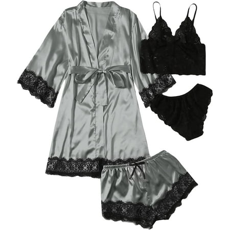

ZHENG Women s Satin Pajama Set 4pcs Floral Lace Trim Cami Lingerie Sleepwear with Robe