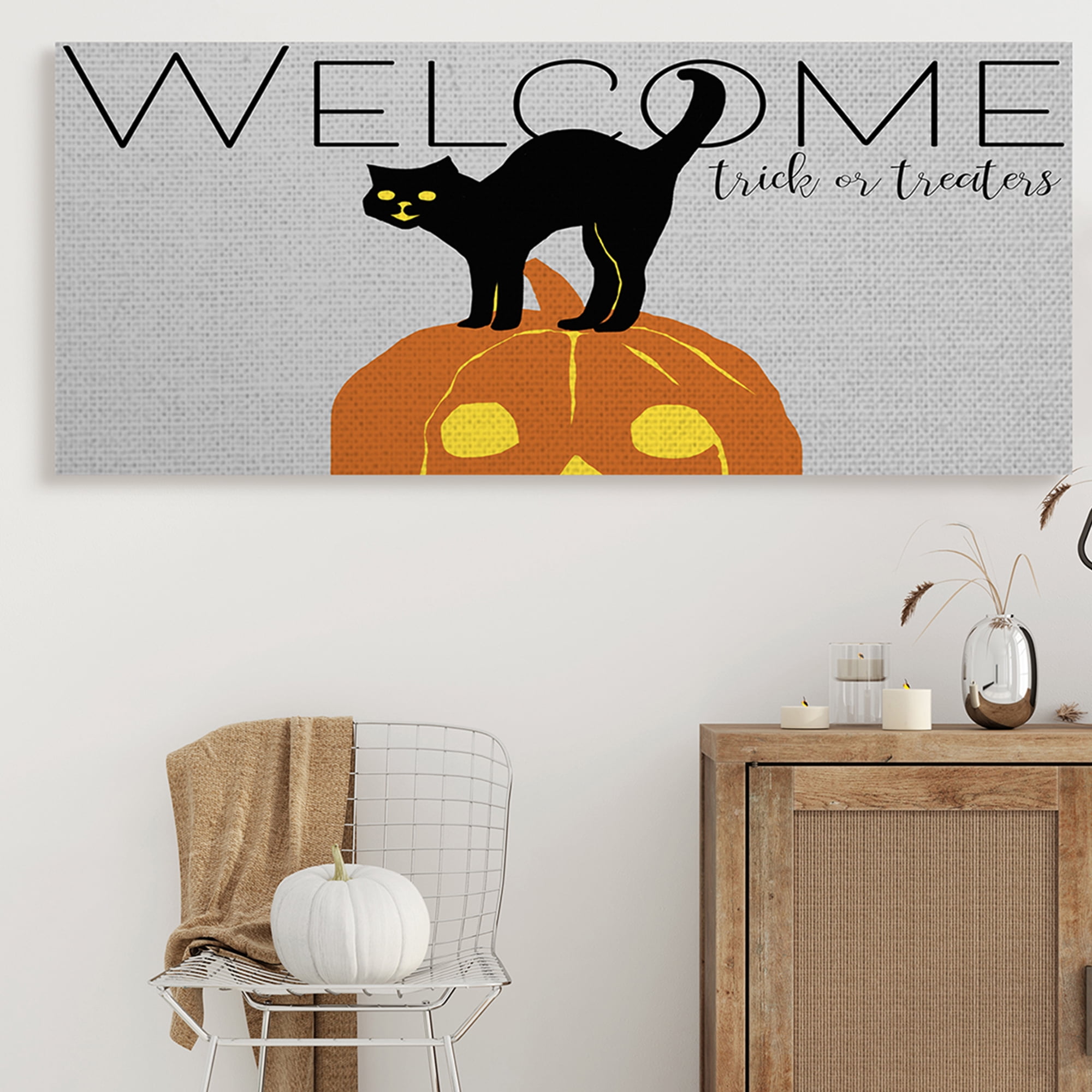 Stupell Industries Welcome Trick Or Treaters Halloween Cat Pumpkin Animals & Insects Painting Gallery Wrapped Canvas Art Print Wall Art, 20 x 48