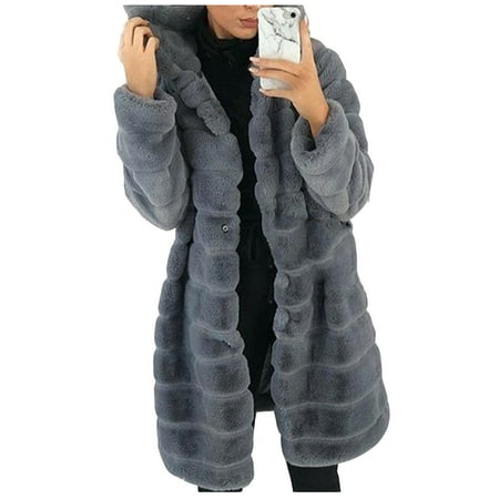 

Moxiu Womens Faux-Fur Hooded Jacket Long Sleeve Coat Body Warmer Hoodie Plush Mid-length Outwear
