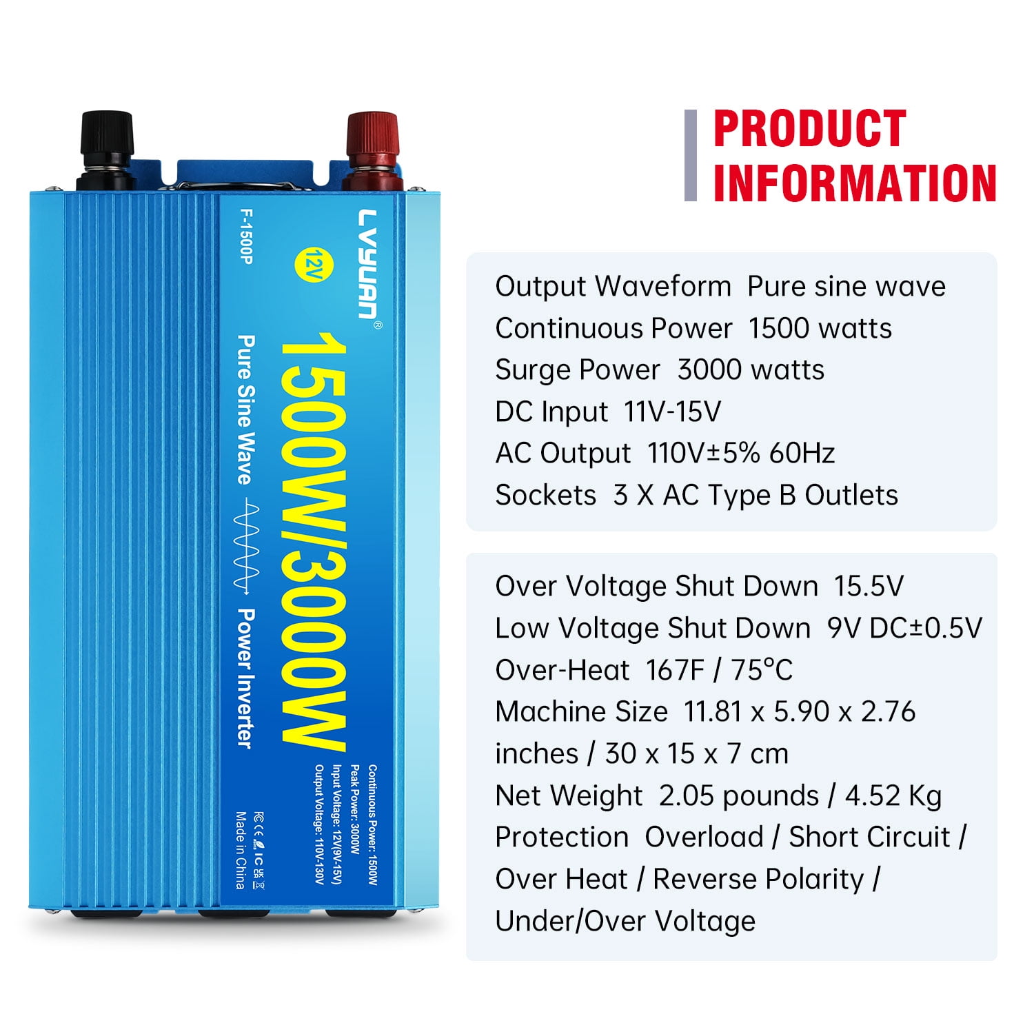 LVYUAN 1500W 3000W Surge Pure Sine Wave Power Inverter DC 12V to AC 110V Car Power Converter with 3 AC Outlets, LCD Display, Battery Converter Charger for RV, Camping, Off-Grid, Home Backup