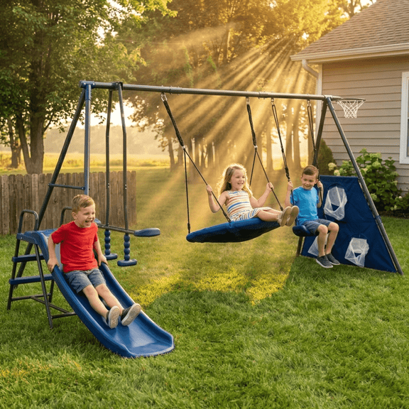 Enyopro Backyard Swing Sets for Outside, 440lbs Swing Set with Slide, Saucer Swing, Face-to-Face Swing, Basketball Hoop and Soccer Net, Outdoor Playground Playset for 3  Kids, Blue