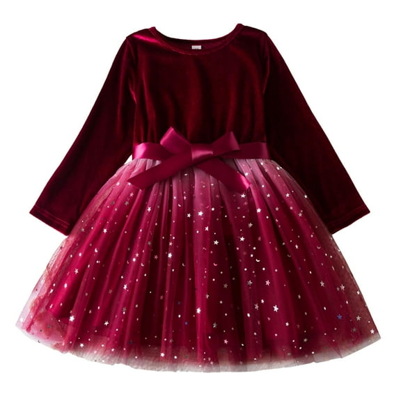 Christmas Girls Dresses Toddler Children Girls Christmas Long Sleeve Bowknot Star Prints Dresses Tulle Dress Clothes 2 Years-3 Years
