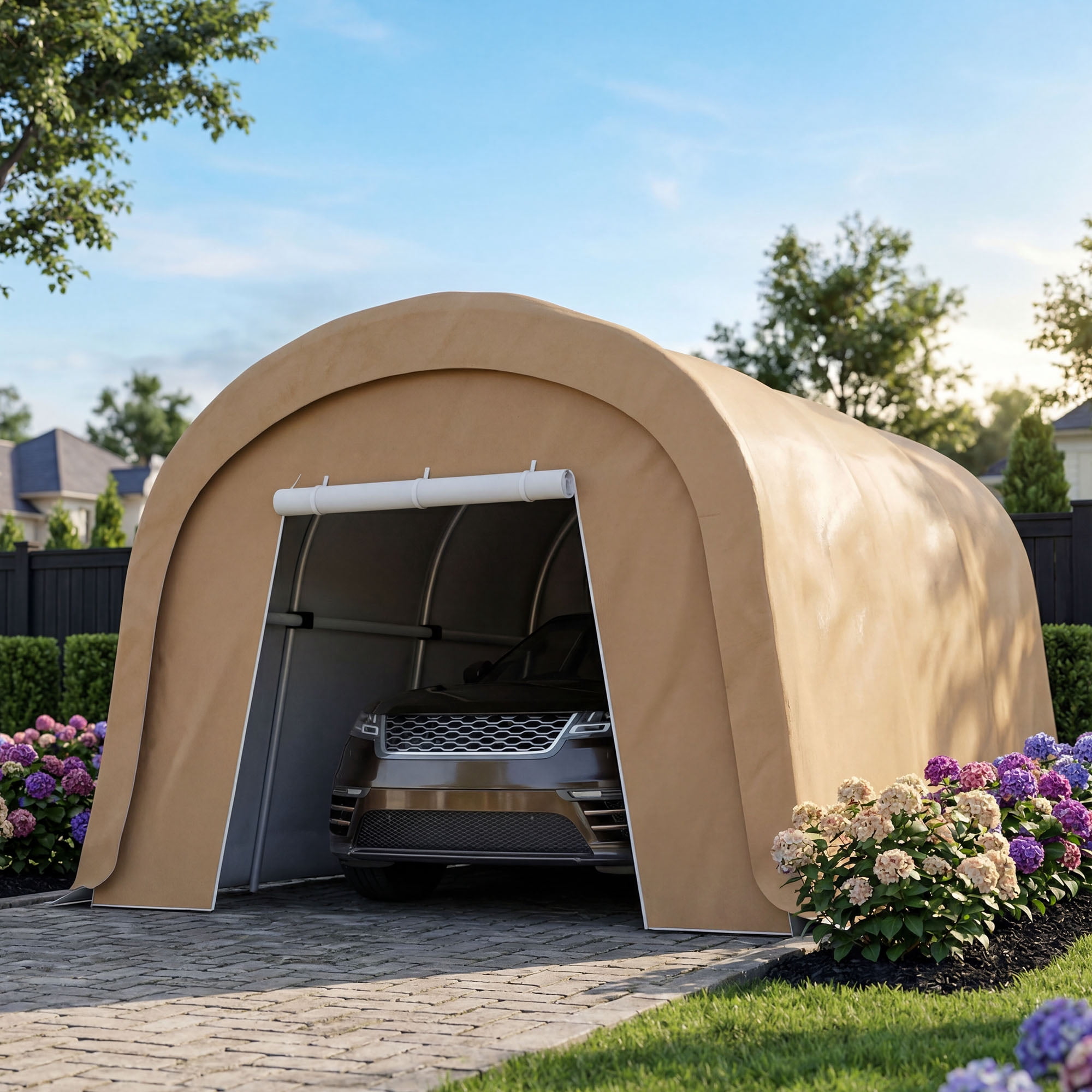 FOROUTIA 10x20x9ft Heavy-Duty Round Roof Carport, Khaki PE Fabric Portable Garage Shelter, All-Weather Storage Tent for Car/Truck/Boat/Lawn Equipment, Outdoor Canopy with Ratchet Tension System