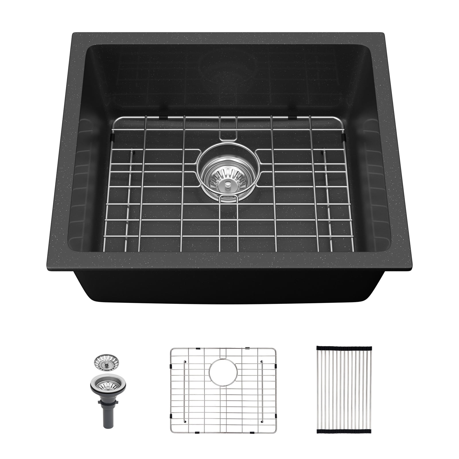METAFLOWX Quartz Kitchen Sink - 21" x 18" x 9.65" Black Granite Composite Undermount Bar Sink