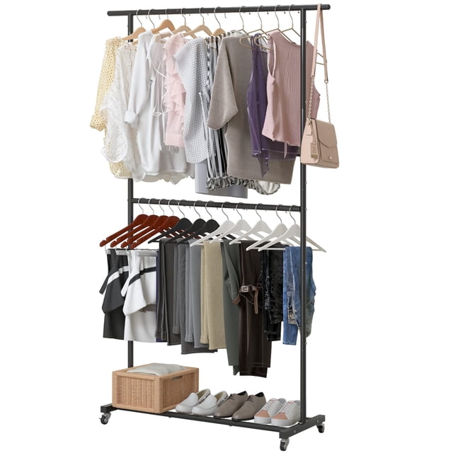 Perchero Sywhitta Double Rod para ropa con ruedas, negro