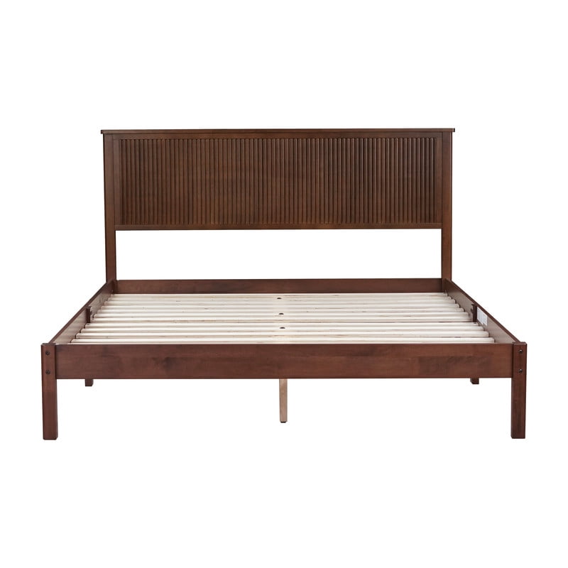 Queen Size Wood Bed Frame with Wave-Fluted Headboard, Low-Profile Platform Bed with Central Support Legs and Under-Bed Space