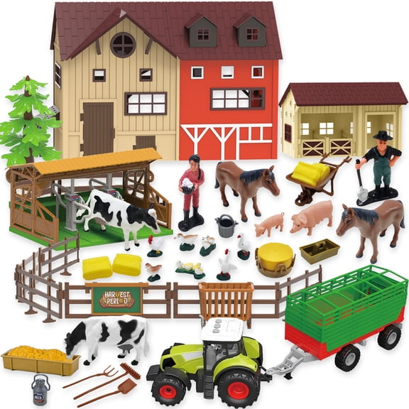 LINXUXIE Farm Animal Set,Farm Barn Playset with Tractor, Trailer, Horse Stable, Fence and Farm Accessories, Birthday Gifts for Kids 3-5 5-8 8-12 Year Old