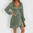 thumbnail image 2 of Ruimatai Women's V-Neck Tie-Waist Ruffled Hem Long Sleeve Dress, Summer Casual Wrap Dress with Puffed Sleeves, Solid Color Elegant Flowy Midi Dress for Outdoor Daily Wear, 2 of 7
