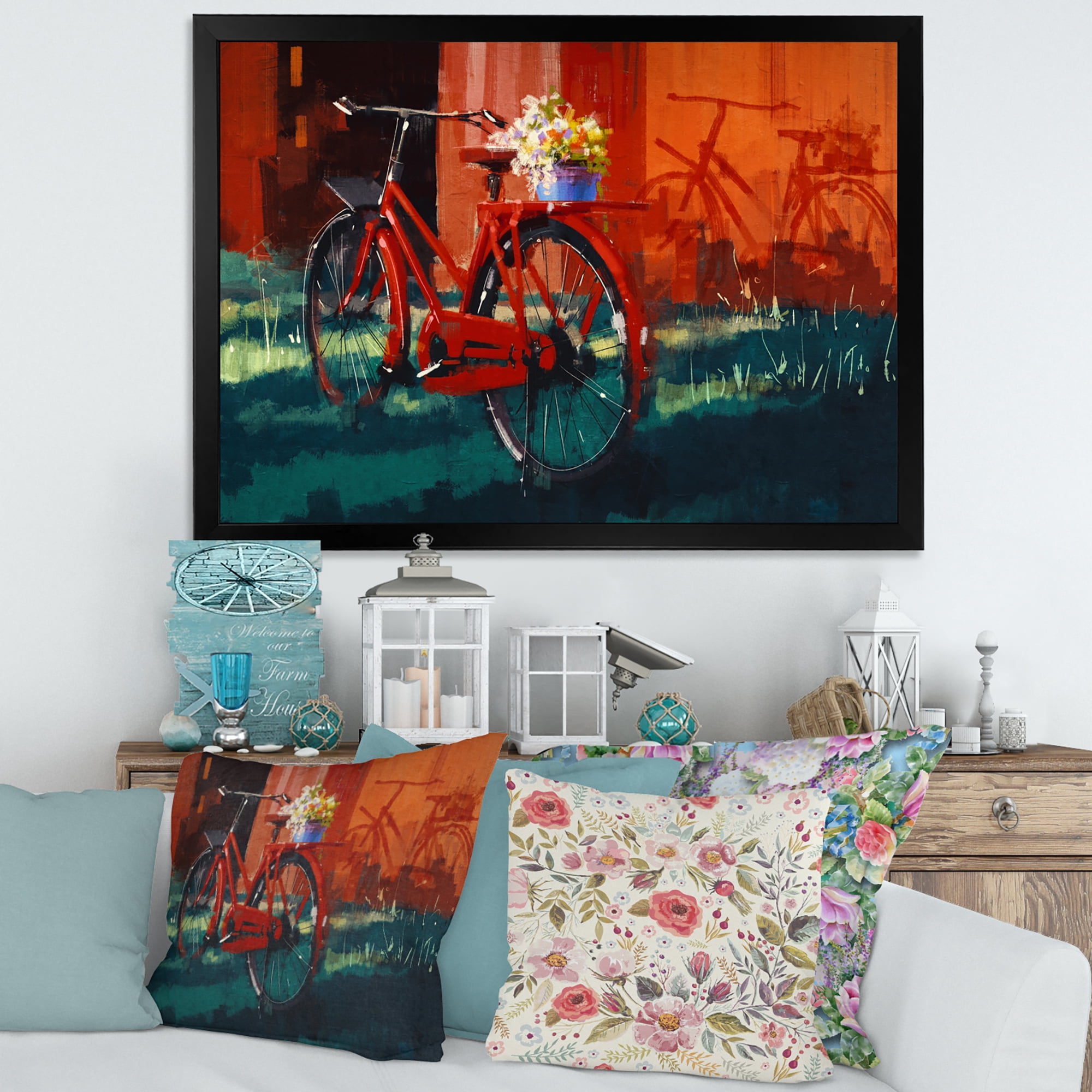 Designart 'Red VIntage Bicycle With Flowers Bucket' Vintage Framed Art Print