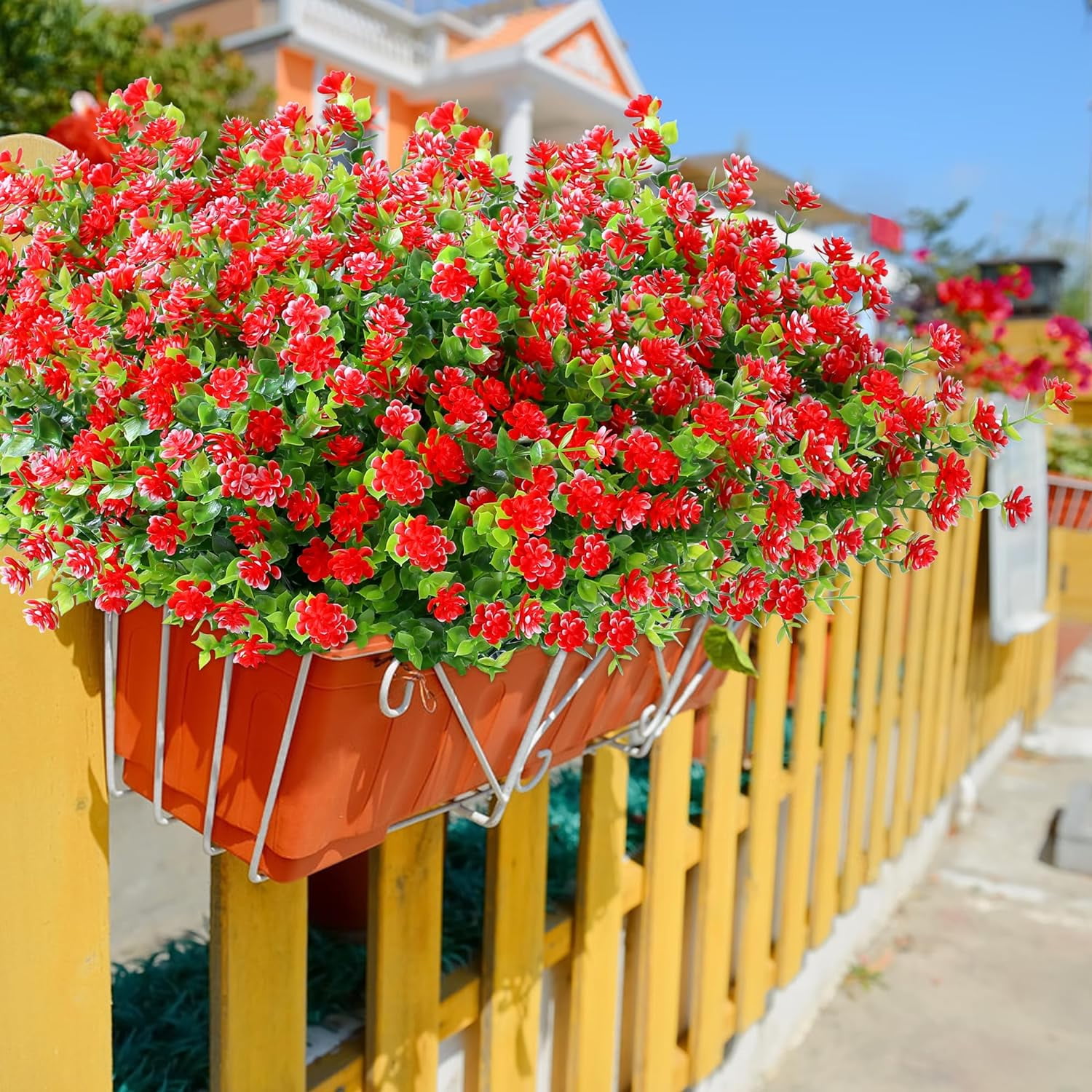 8 Bundles Red Artificial Flowers Outdoor Fake Flower Plastic UV Resistant Shrubs Greenery Plants Hanging Decorations Garden Porch Window Box Farmhouse Outside Summer Indoor Decor