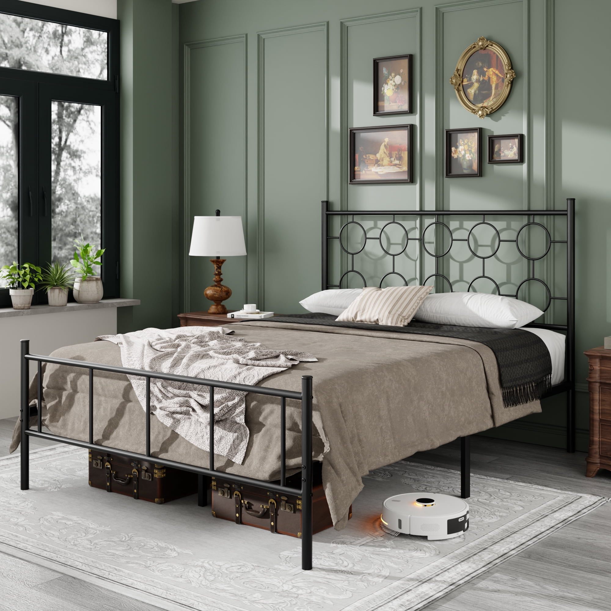 Queen Size Metal Platform Bed Frame with 12" Storage Space, Victorian Style Iron Headboard/Footboard, Sturdy Slat Support, No Springs Required, Easy to Assemble (Mattress Not Included)(Black)