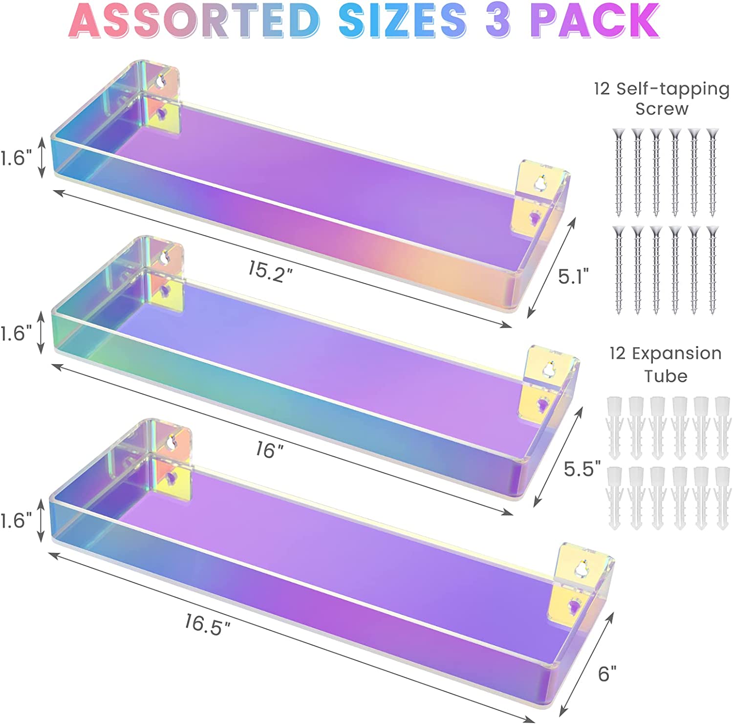 NiHome 5mm x 16.5" 3-Tier Iridescent Acrylic Floating Shelves (Set of 3)