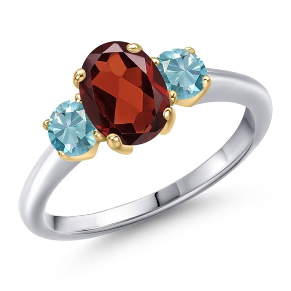 Gem Stone King 10K Two Tone Gold Red Garnet and Blue Zircon Engagement Ring for Women | 2.50 Cttw | Oval 8X6MM | Gemstone January Birthstone | Size 8