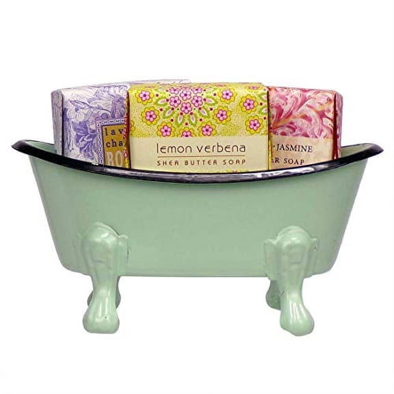 Mini Metal Bathtub Gift Set with 3 Shea Butter Moisturizing Soaps (Multi Mint)