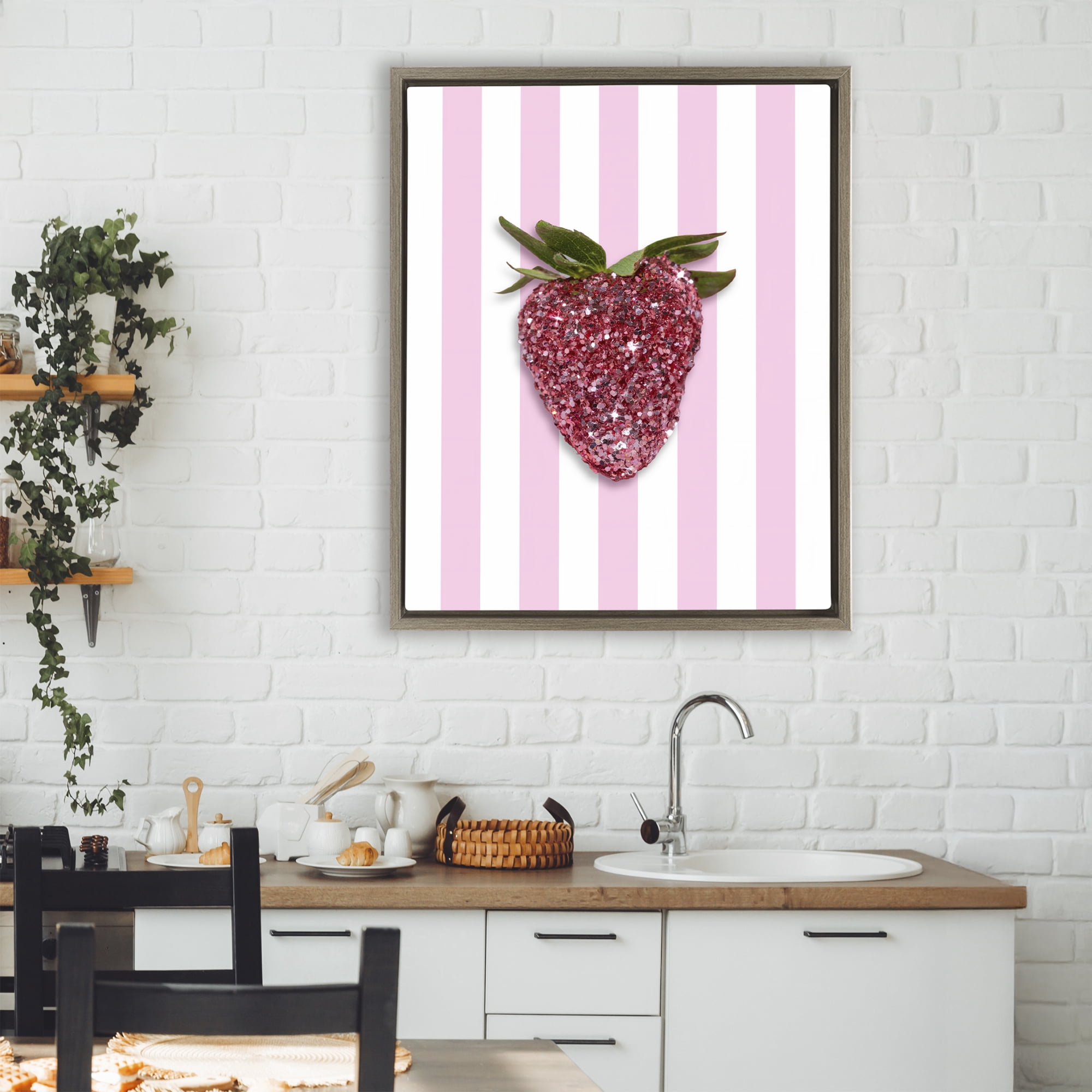 Stupell Industries Glimmer Strawberry on Green Stripes Brown Framed Floater Canvas Wall Art, design by LISH Creative