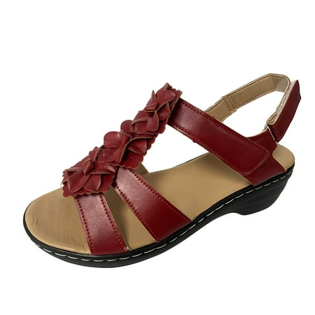 

sandals for Women Ladies Summer Fashion Multicolor Flower Round Toe Hook&Loop Platform Sandals PU Dress Sandals for Women Red