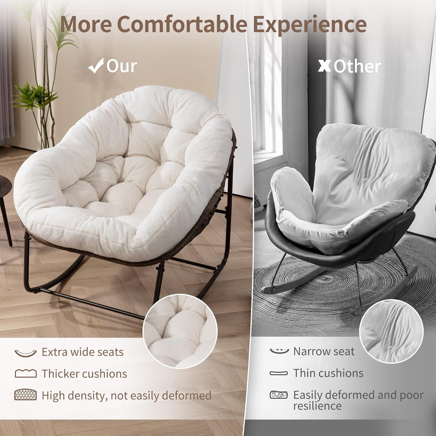 MOONMISS Outdoor Patio Rattan Oversized Rocking Chairs Set of 2 with Teddy Padded Cushion-White