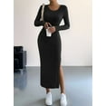 thumbnail image 6 of Women'S Fall Long Sleeve Casual Ribbed Knit Slim Fit Elegant Crew Neck Side Slit Maxi Dresses Black S, 6 of 9
