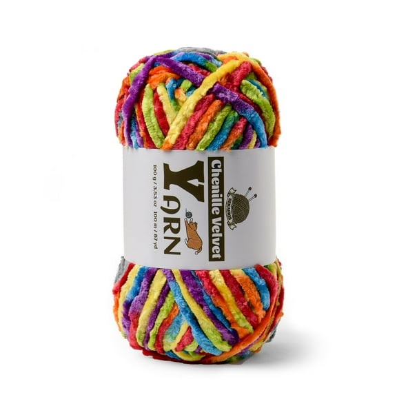 Soft Chenille Velvet Yarn for Crocheting, Chunky Fluffy Yarn for Blankets, Scarves, Amigurumi, 100g Rainbow Multicolor