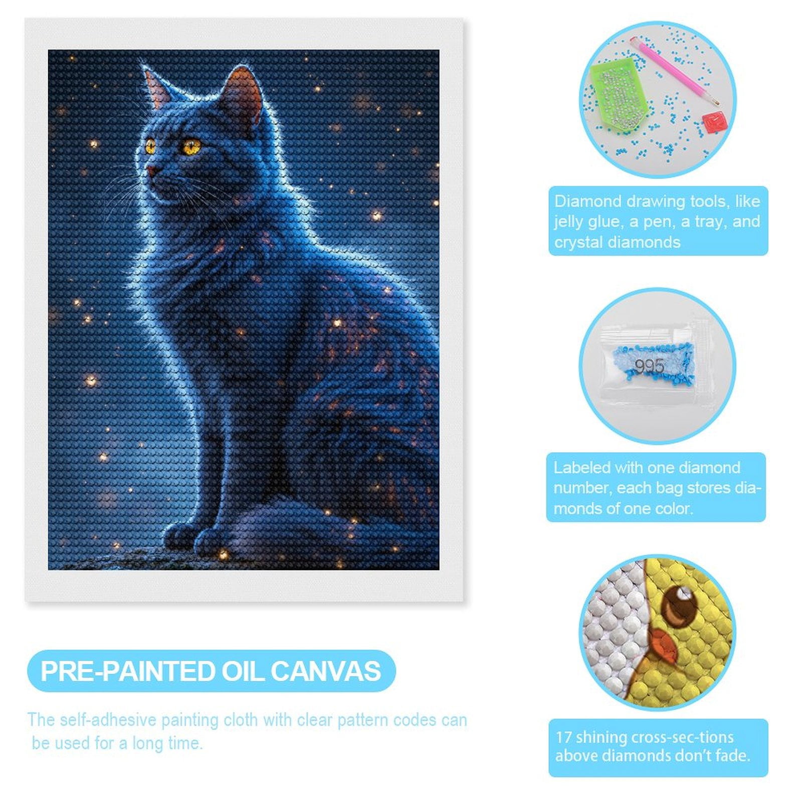 Diamond Art Kits for Adults, Mystical Blue Cat Under Stars 5D Diamond Painting Kits for Adults Beginners, DIY Full Drill Diamond Painting, Gem Art and Crafts 12x16