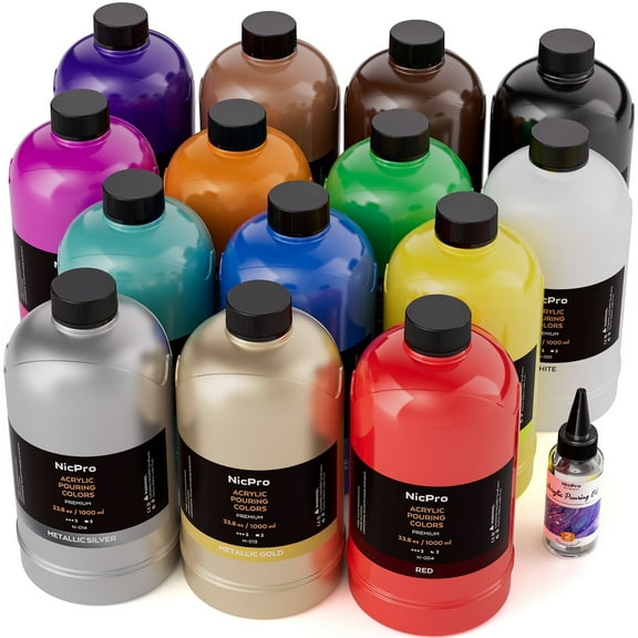 Nicpro 14 Colors Large Bulk Acrylic Pour Paint Set (33.8 oz,1000 ml), Premixed High Flow Art Pouring Paint Supplies Kit
