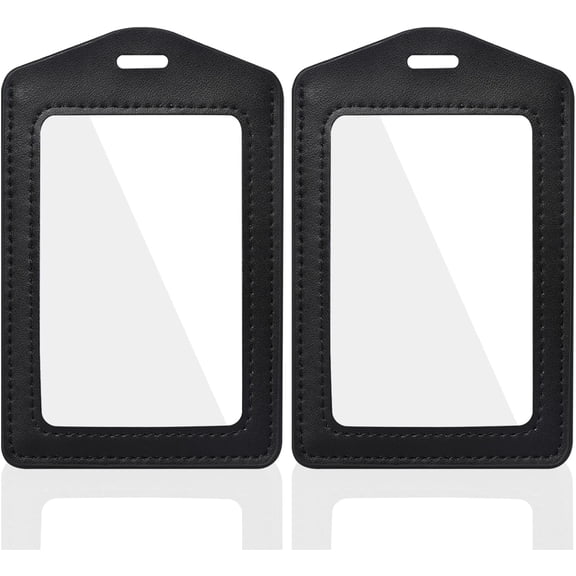 2 Pack Genuine Leather ID Badge Holders Vertical Card Dual Side Clear Window Waterproof Name Office Staff Employees Black