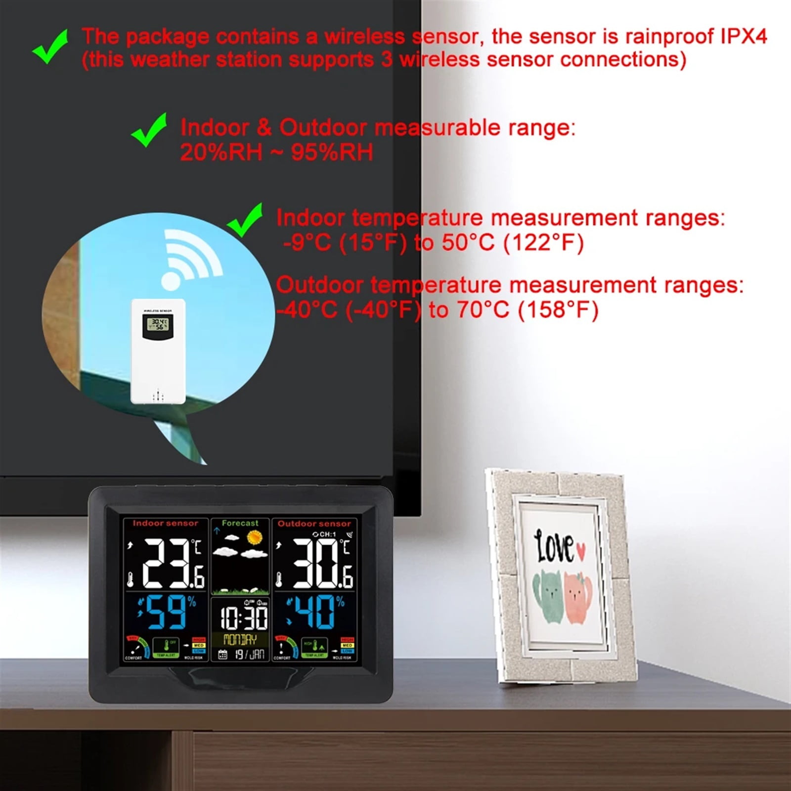 Weather Station Digital Alarm Clock Barometer Outdoor Sensor Temperature Humidity Measurance Weather Forcast Snooze Function ,High Precision