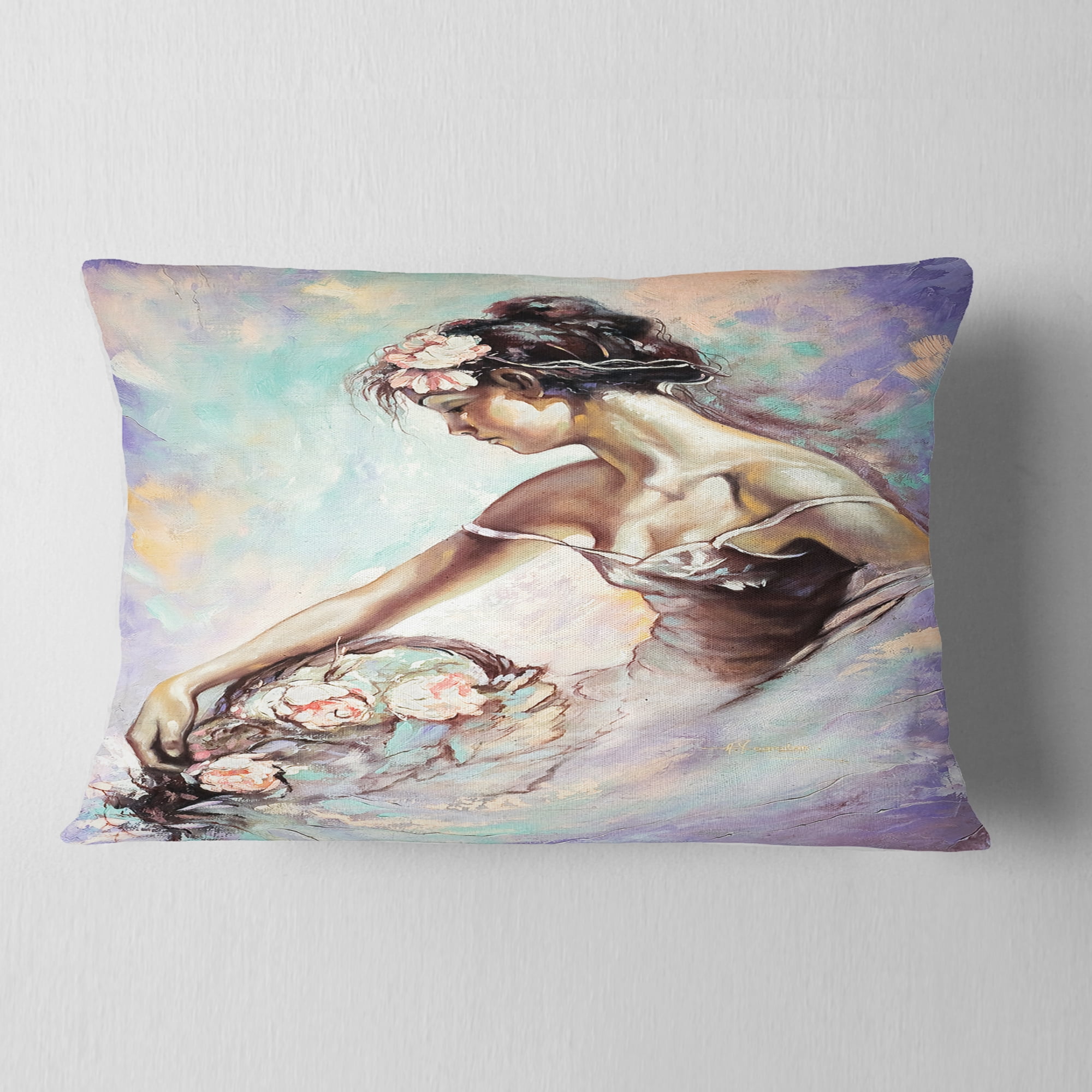 Designart Girl with Flower Bouquet - Floral Throw Pillow - 12x20