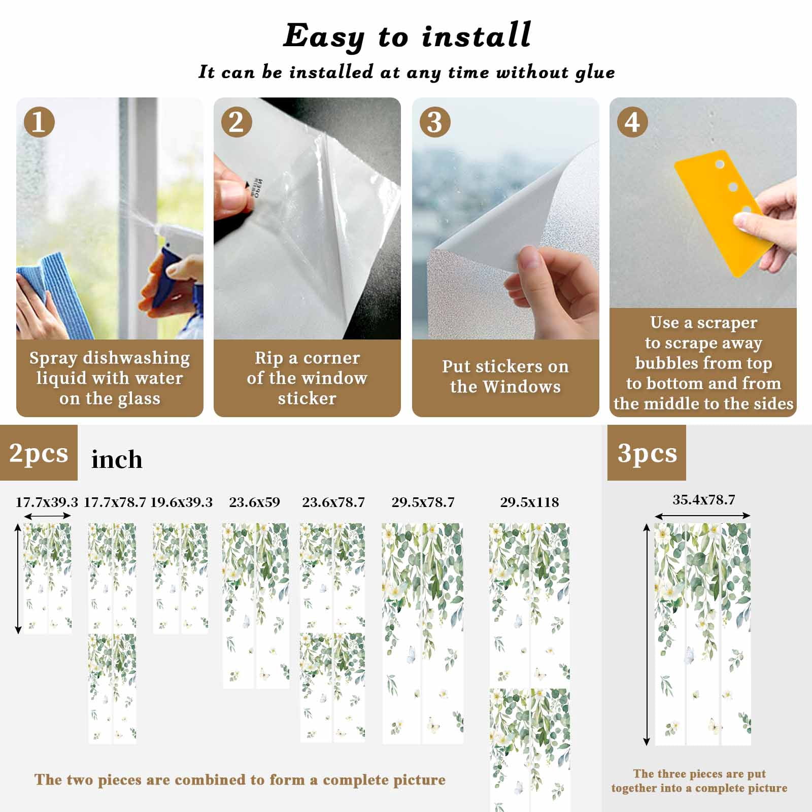 Summer Botanical Window Privacy Film, Watercolor Eucalyptus Leaves Farmhouse Frosted Glass Window Clings Static Cling UV Heat Blocking Reusable Door Sticker for Bathroom 23.6 x 59 Inch