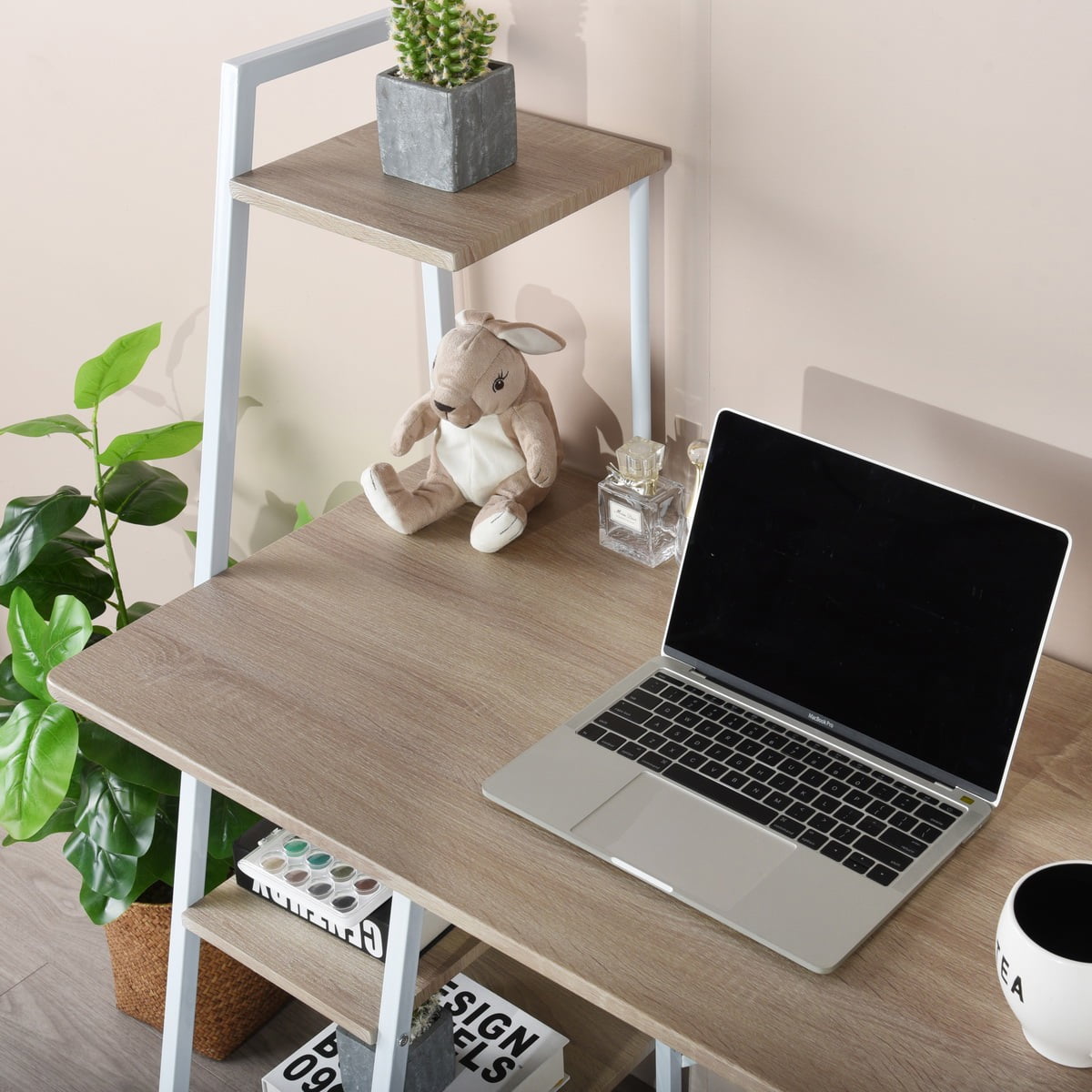 Kepooman Home Office Computer Desk, Small Study Writing Desk with Storage Shelves, Oak White Kepooman Home Office Computer Desk, Small Study Writing Desk with Storage Shelves, Oak White