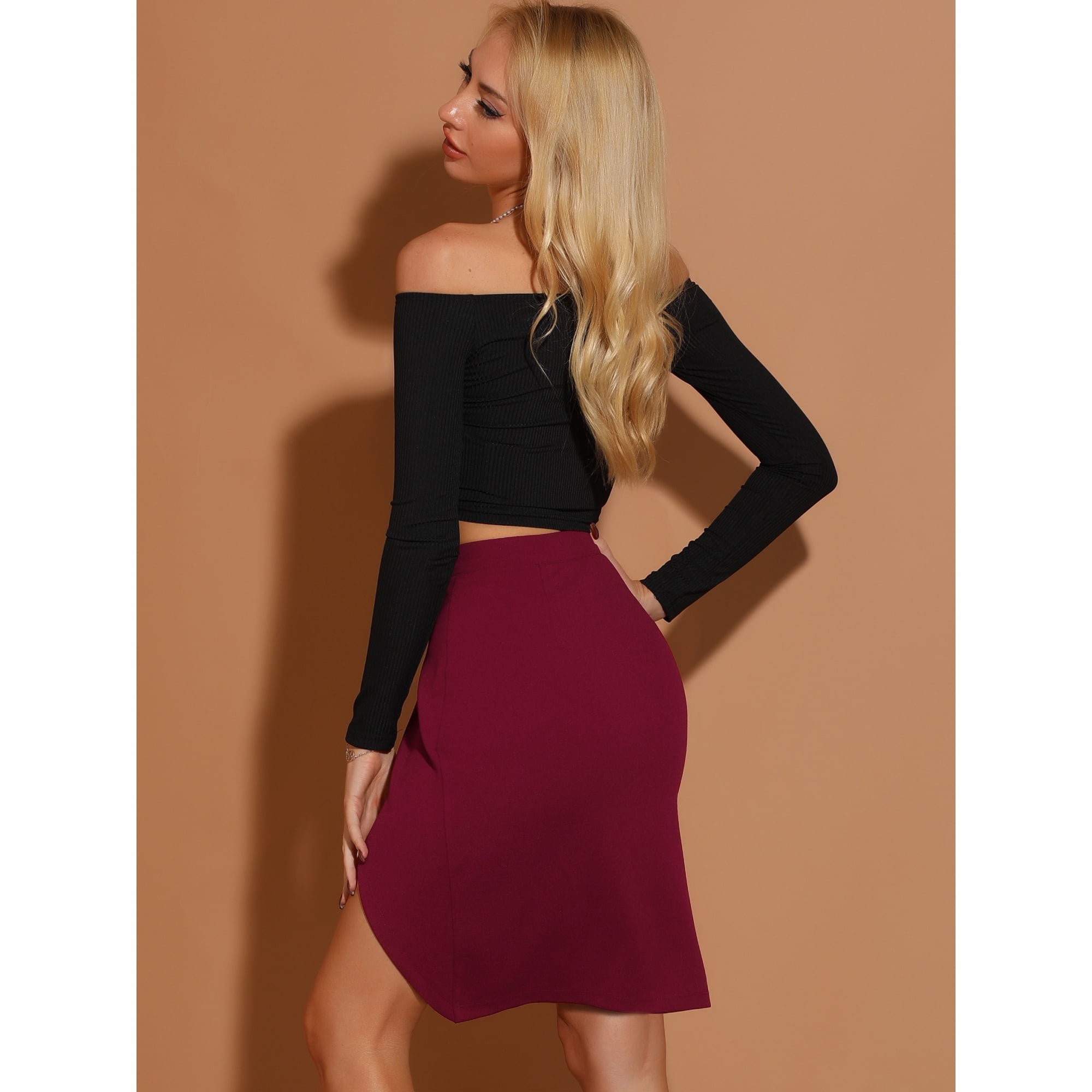 Unique Bargains Women s High Waist Above Knee Split Hem Ruched Pencil