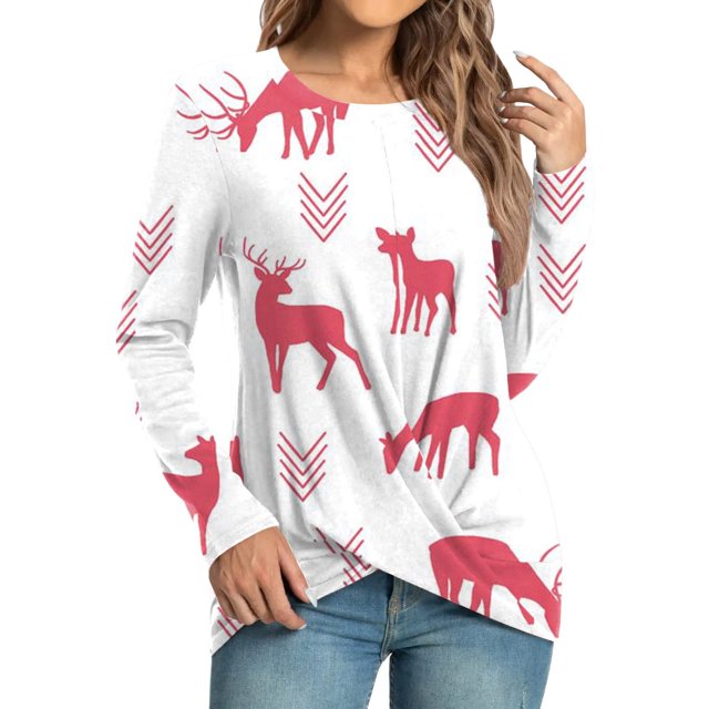 Tops Navideños Para Mujer Blusas de Manga Larga Estampado Casual Cuello Redondo Túnica Camisa Delantera Slim Odeerbi ODB190977