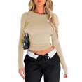thumbnail image 1 of Camisetas de manga larga para mujer, Tops cortos ajustados con cuello redondo, jerséis sólidos informales, Camisetas básicas, ropa de calle Y2K, camiseta ajustada, 1 of 5