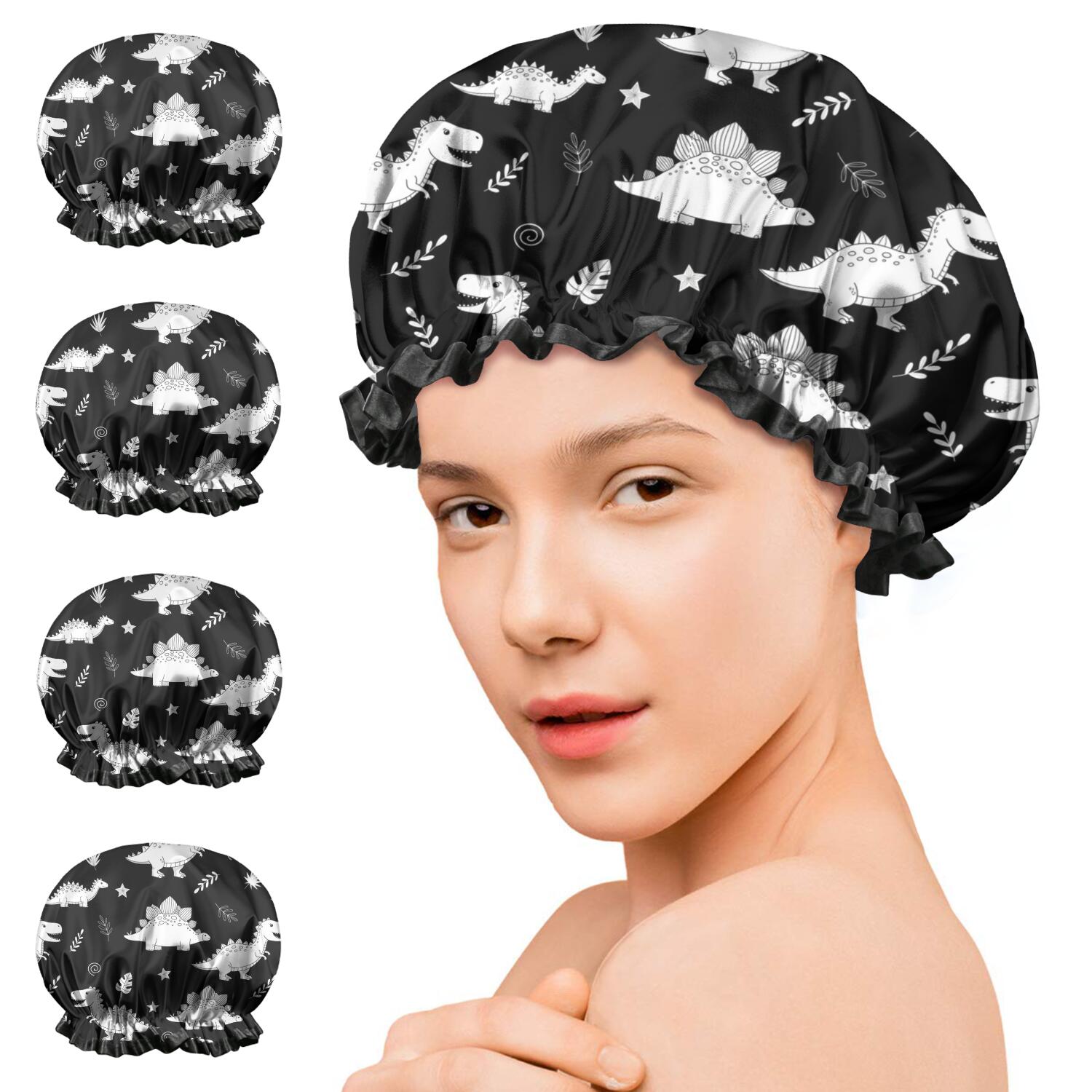 Shower Caps,Black Dinosaurs Leaves Stars Pattern Waterproof Shower Cap for Women 4 Pieces,Double Reusable Hair Cover for Shower PEVA Elastic Stretch Hem
