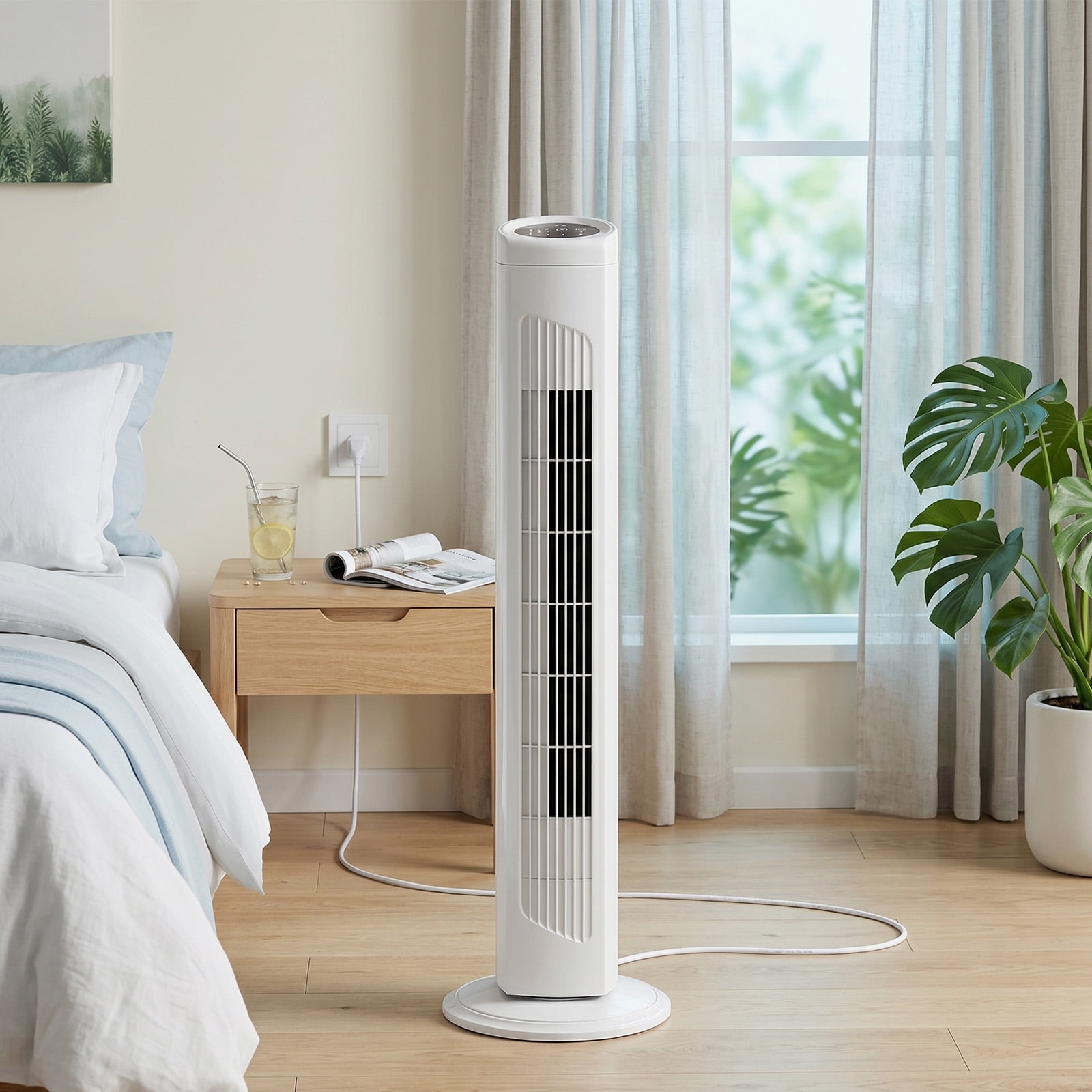 Tower Fan, 110V 45W, 32 Inch, Column Shape, White Plastic Body, Copper Motor, Touch & Remote Control, 3 Speeds, 3 Modes, Oscillating Function, 7.5-Hour Timer