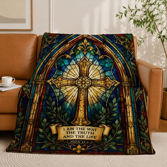 SPXUBZ Stained Glass Faith Flannel Fleece Blanket, Inspirational Cross Throw Blanket, Soft Cozy Warm Blanket for Home Bedroom Decor 80"x60"
