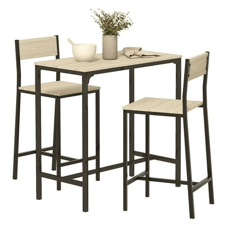 3 Piece Pub Table Set for 2, Bar Table and Stools with Footrest, Oak Finish, Small Space Dining Set, Counter Height Table and Chairs