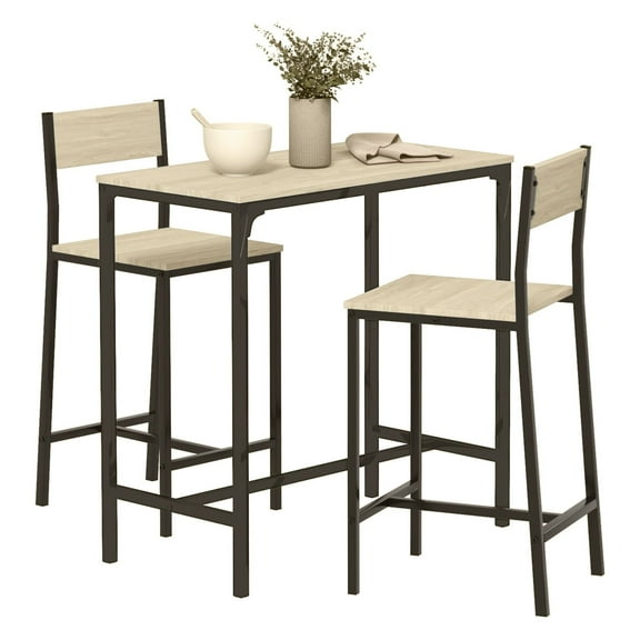 3 Piece Pub Table Set for 2, Bar Table and Stools with Footrest, Oak Finish, Small Space Dining Set, Counter Height Table and Chairs