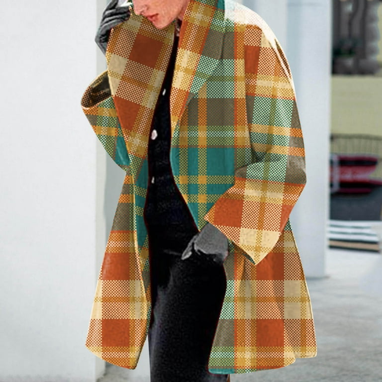 Plaid Trench Coat Plus Size Womens Windbreaker Winter Coat Long Jacket Outwear -