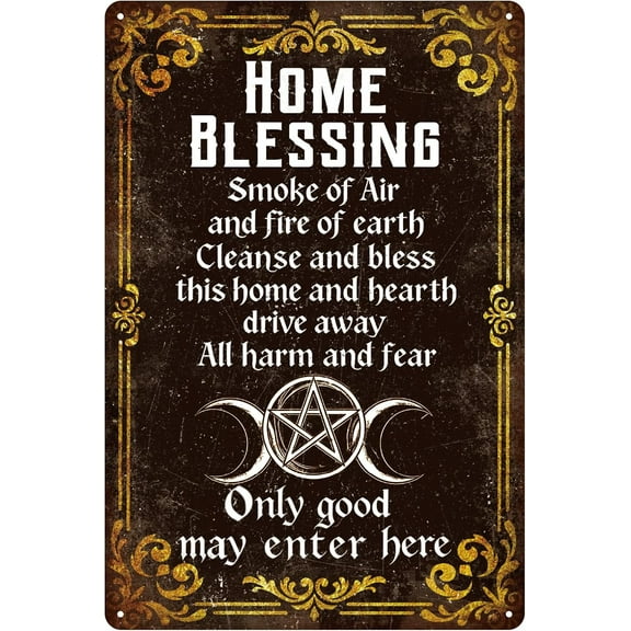 Vintage Wiccan Home Blessing Metal Tin Sign 8x12in "Home Blessing" Vintage Painting Tin Signs Wall Poster Plaque for Living Room Meditation Room Entryway Sacred Area Peaceful Corner