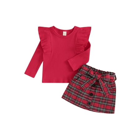 

Meihuid Toddler Girls 2Pcs Fall Outfits Long Sleeve Knit Tops + Plaid Skirt