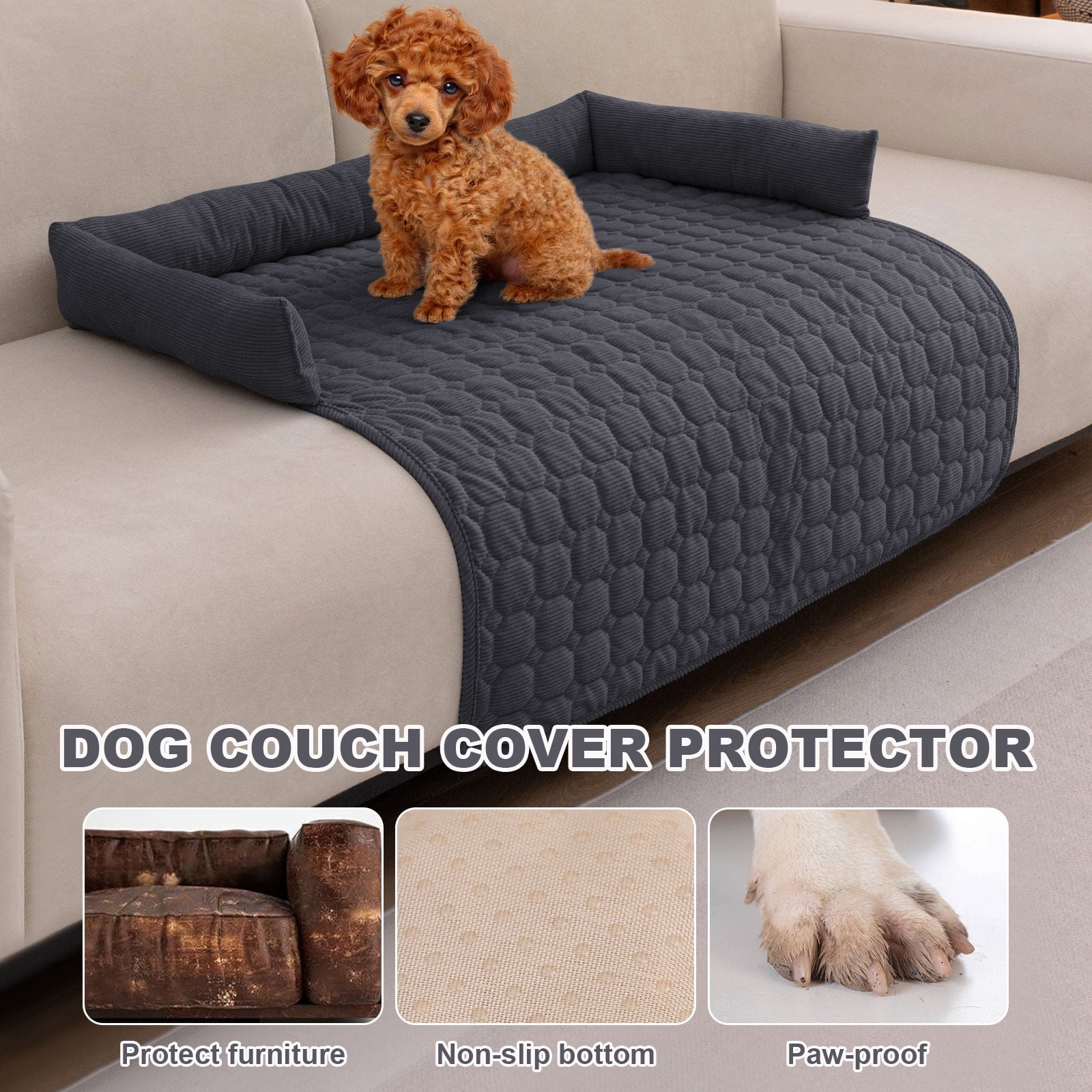 Eurhowing Dog Couch Cover 36"x36", Corduroy Dog Bed Mat for Couch with 3 Side Dog Pillow, Washable Sofa Cover Pet Furniture Protector for Dogs&Cats, Dark Gray