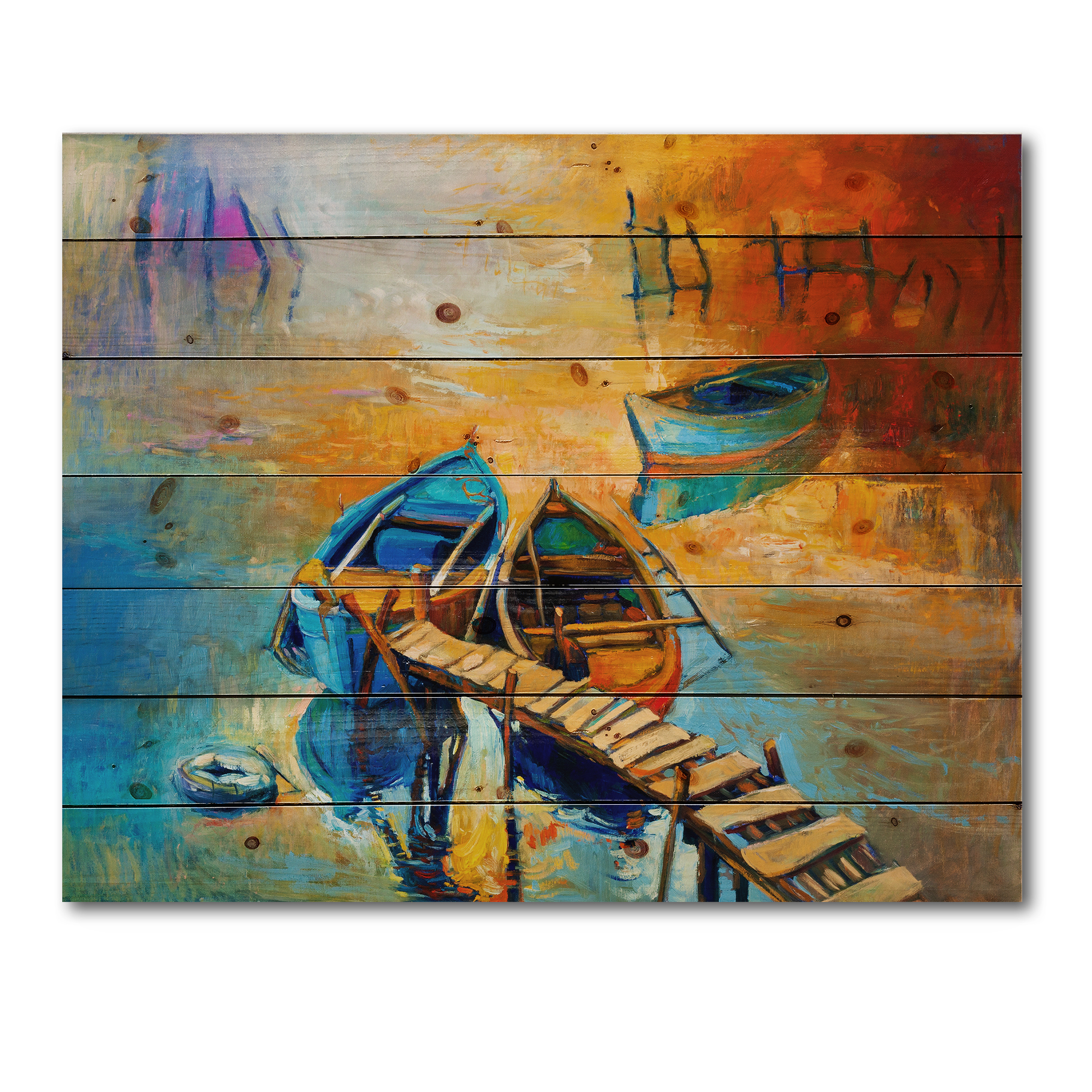 Designart 'Boat At The Lake During Evening Glow V' Nautical & Coastal Print on Natural Pine Wood