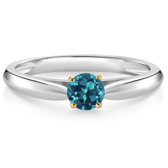 Gem Stone King 925 Silver and 10K Yellow Gold Ring London Blue Topaz Solitaire Engagement Ring for Women (0.33 Cttw, Gemstone November Birthstone, Round 4MM, Size 5)