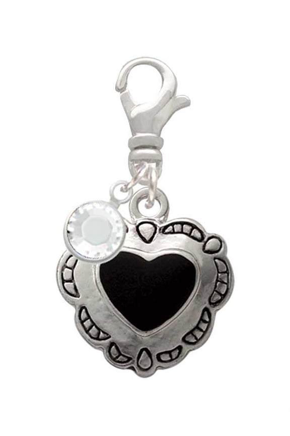 Silvertone Black Concho Heart - Silvertone Clip on Charm with Clear Crystal Drop